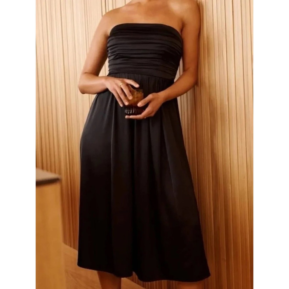 Abercrombie & Fitch Emerson Midi Dress Black Strapless Ruched Satin - Small